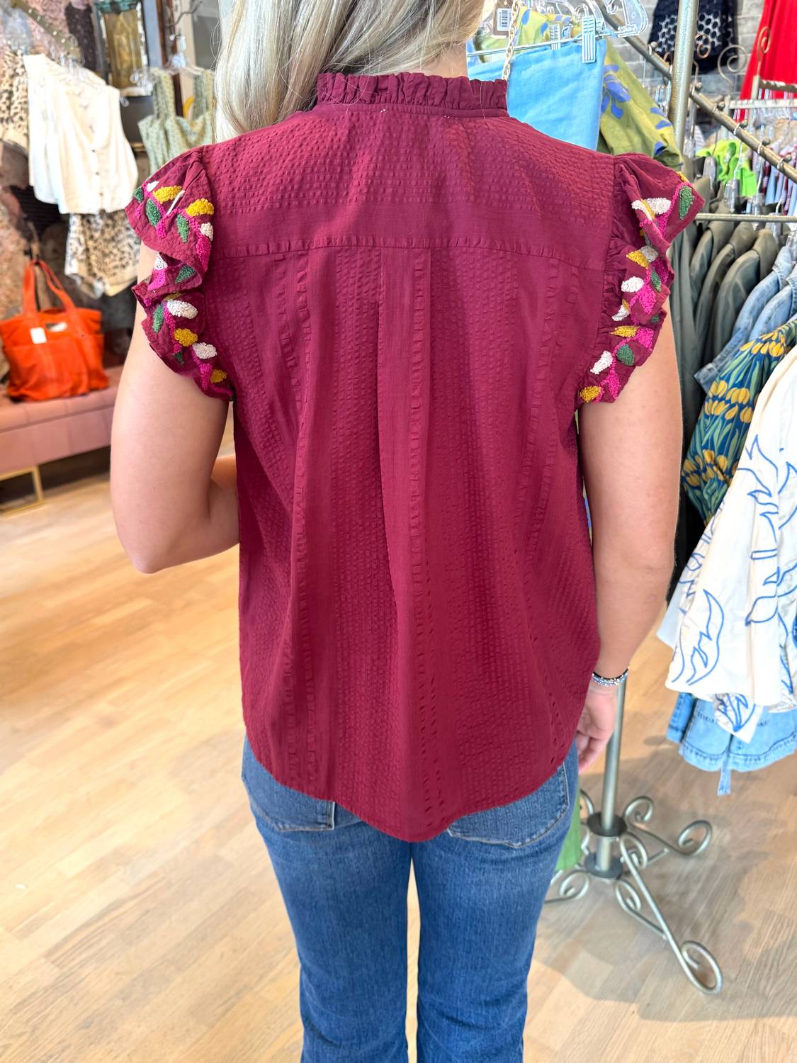 Thml - Women's Button Up Embroidery Flutter Sleeve Top