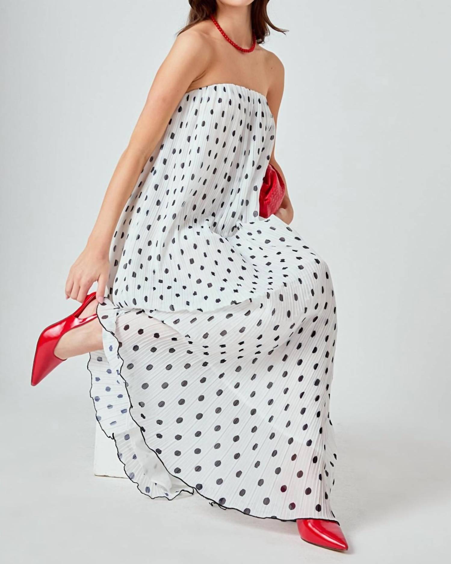 Endless Rose - Samantha Strapless Pleated Polka Dot Maxi Dress