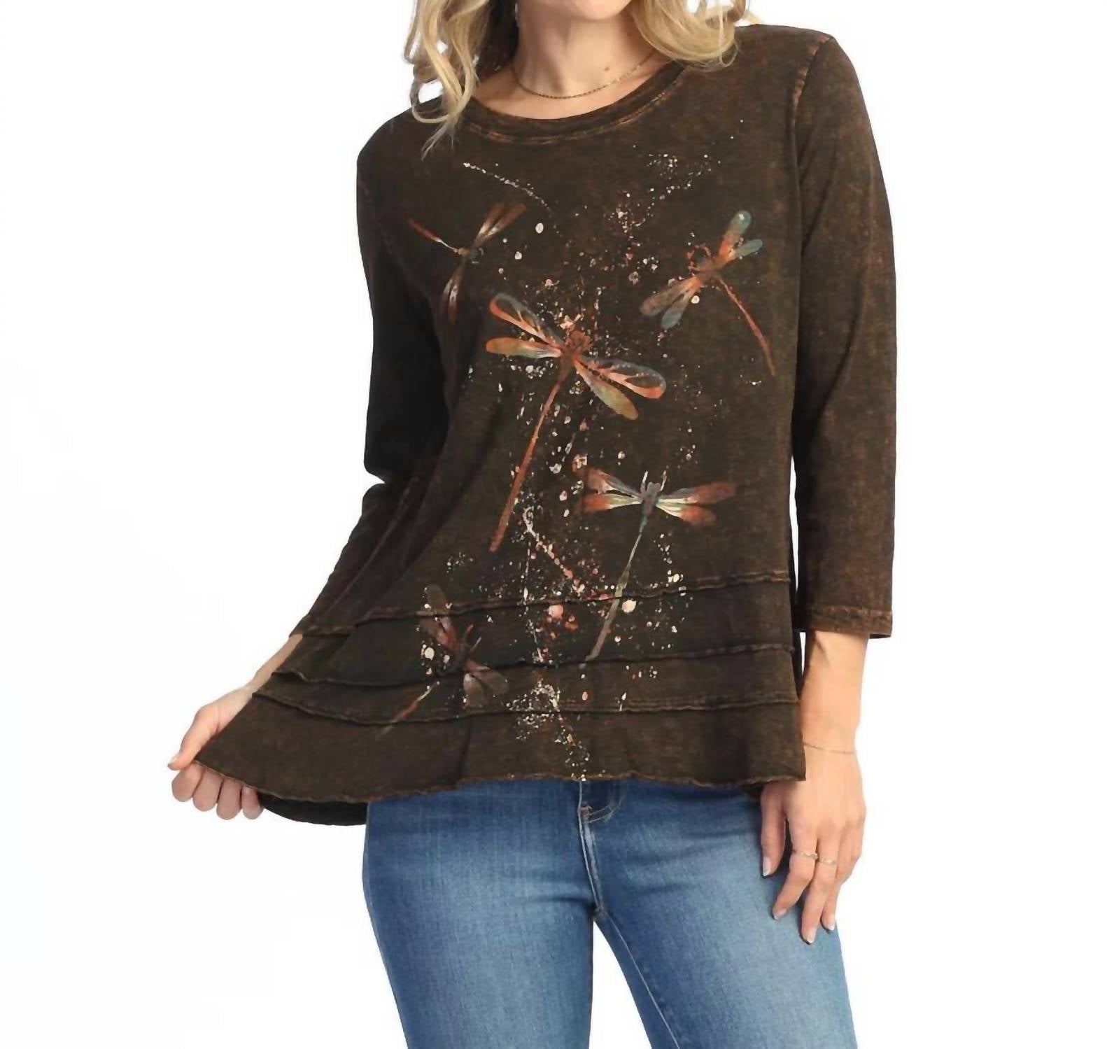 Jess & Jane Fairy Duet Mineral Washed Cotton Layered Top in brown - women's shirt