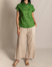 P.CILL Linen Relaxed Short Sleeve Button Up Shirt in grass - women's shirt
