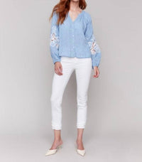 Charlie B - Cotton-linen Button-front Blouse With Embroidery