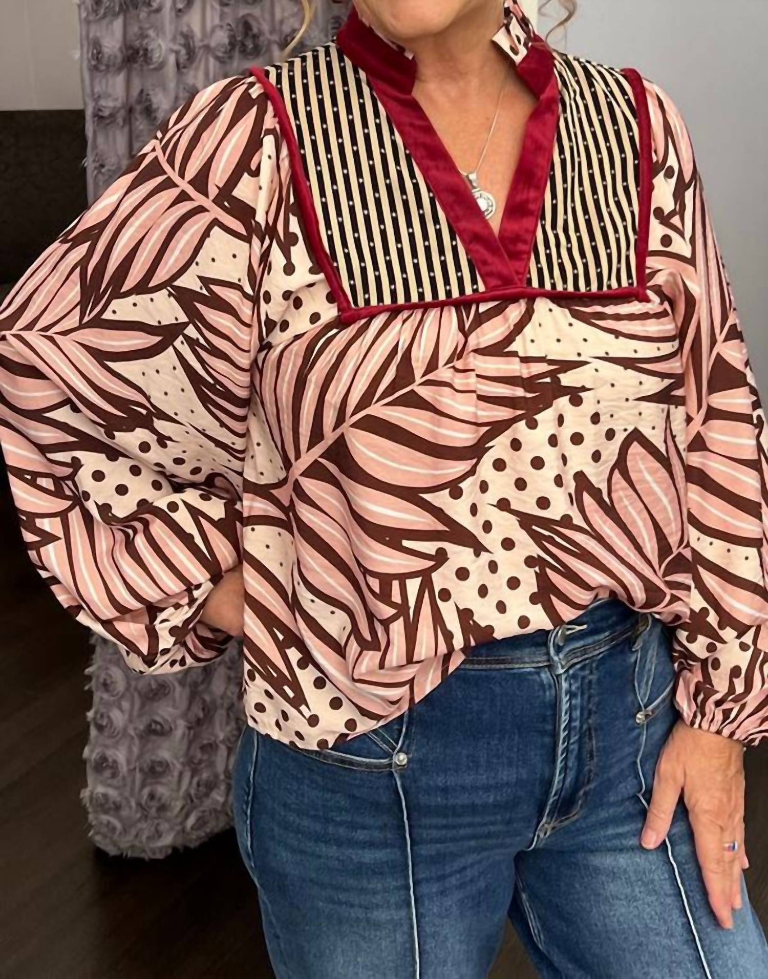THML Print Detail Long Sleeve Top in multi - women's long sleeve top