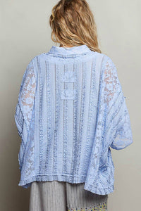Pol - Lace Patch Solid Lightweight Short Sleeve Collared Knit Top