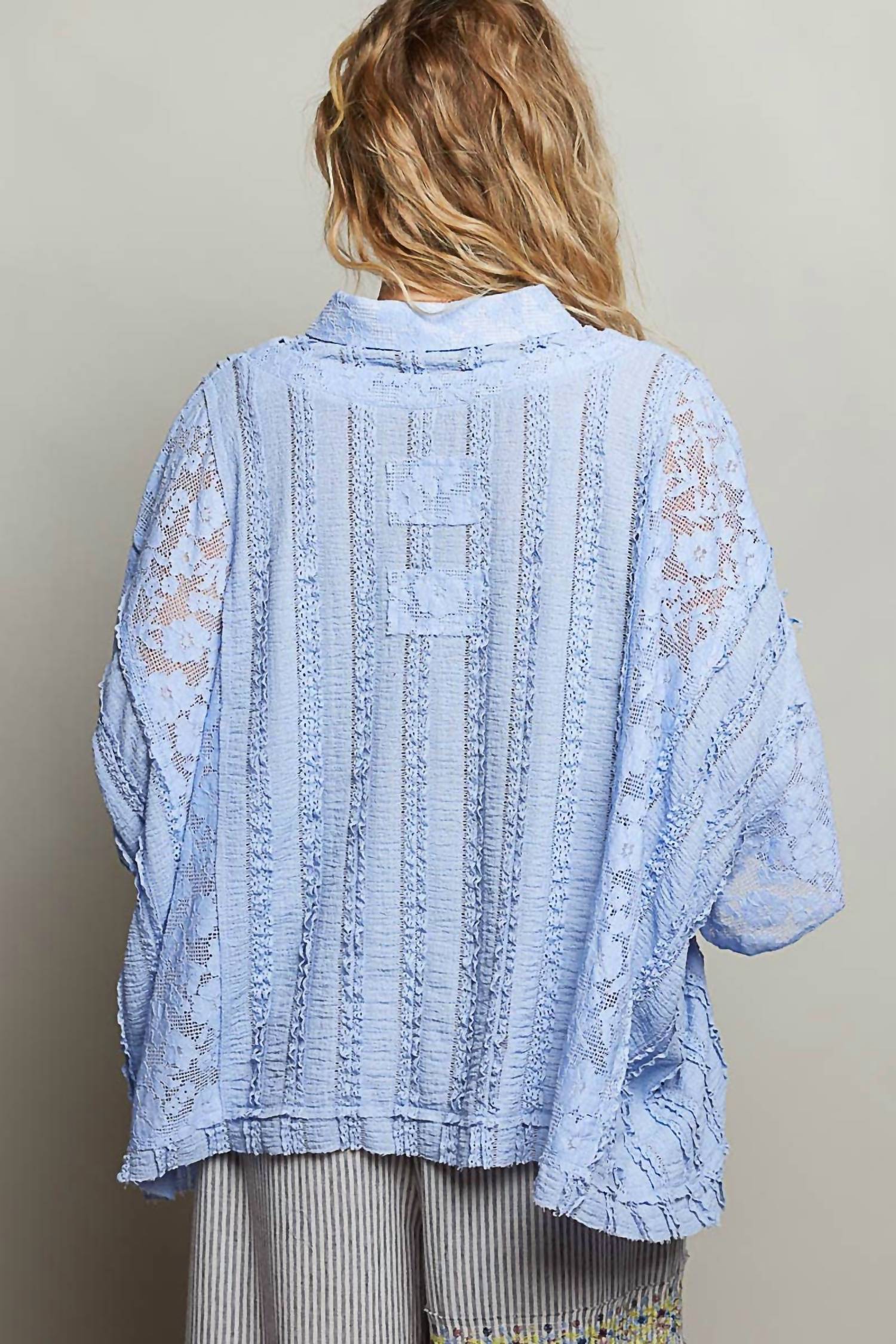 Pol - Lace Patch Solid Lightweight Short Sleeve Collared Knit Top