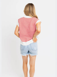 Karlie Stripe V-neck Sleeveless Sweater in red - women's sweater - detail view