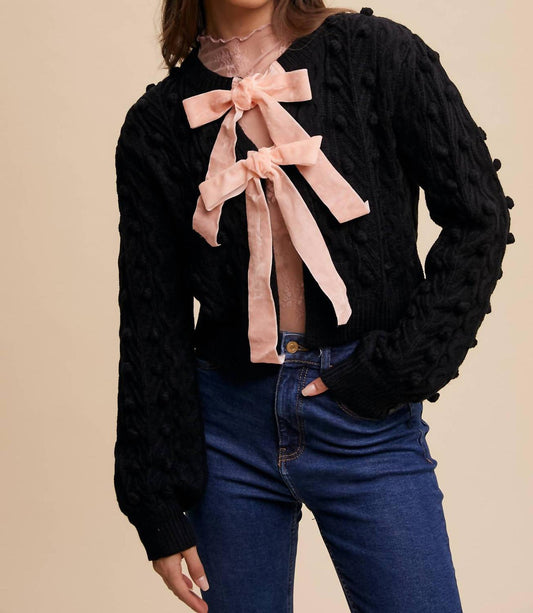 Listicle - Pom Cable Knit Tie Cardigan