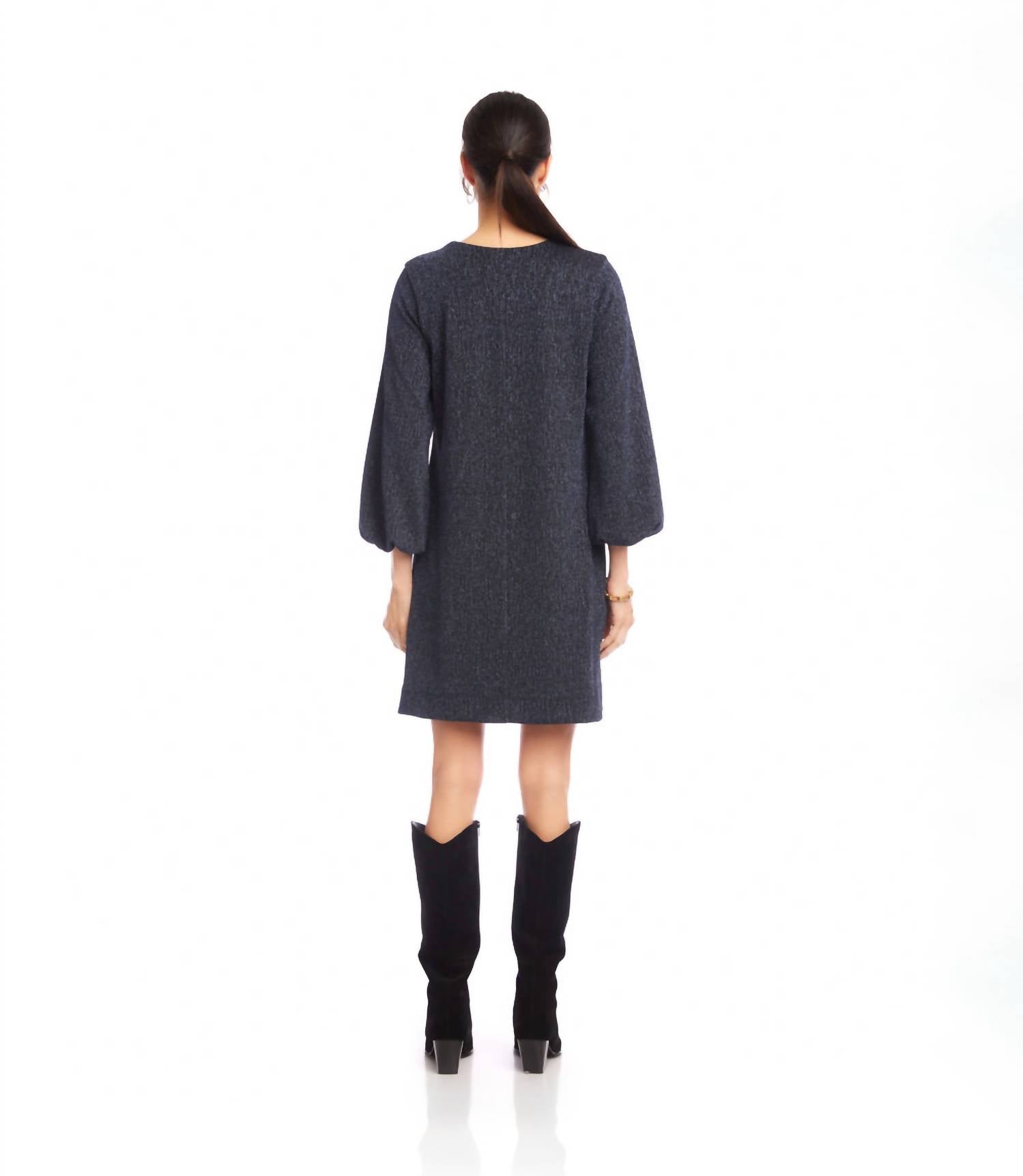 Karen Kane Blouson Sleeve Metallic Knit V-Neck Dress in navy - women's dress - alternate view