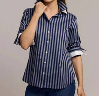 Hinson Wu Margot Long Sleeve Blouse in stripe french grey midnight - women's shirt - detail view
