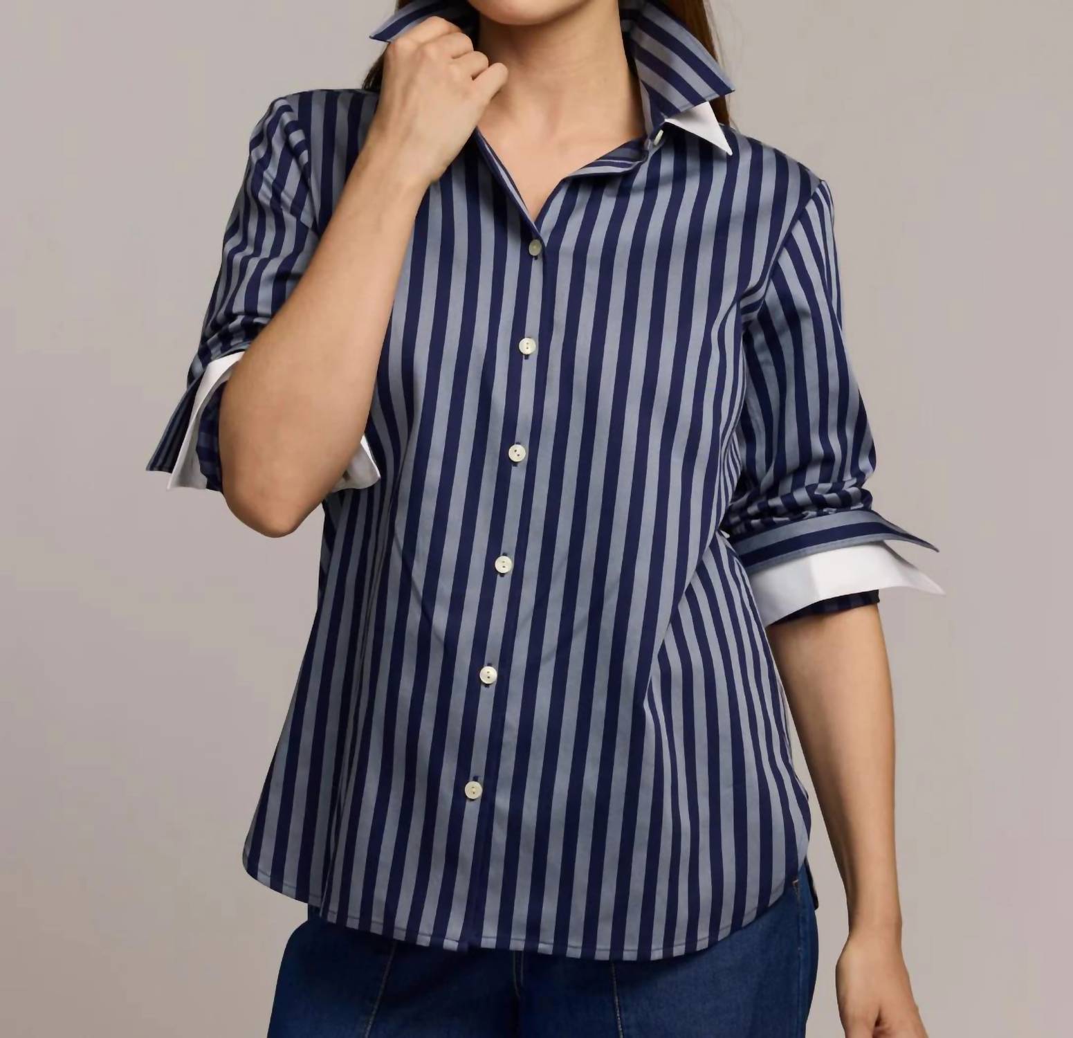 Hinson Wu Margot Long Sleeve Blouse in stripe french grey midnight - women's shirt - detail view