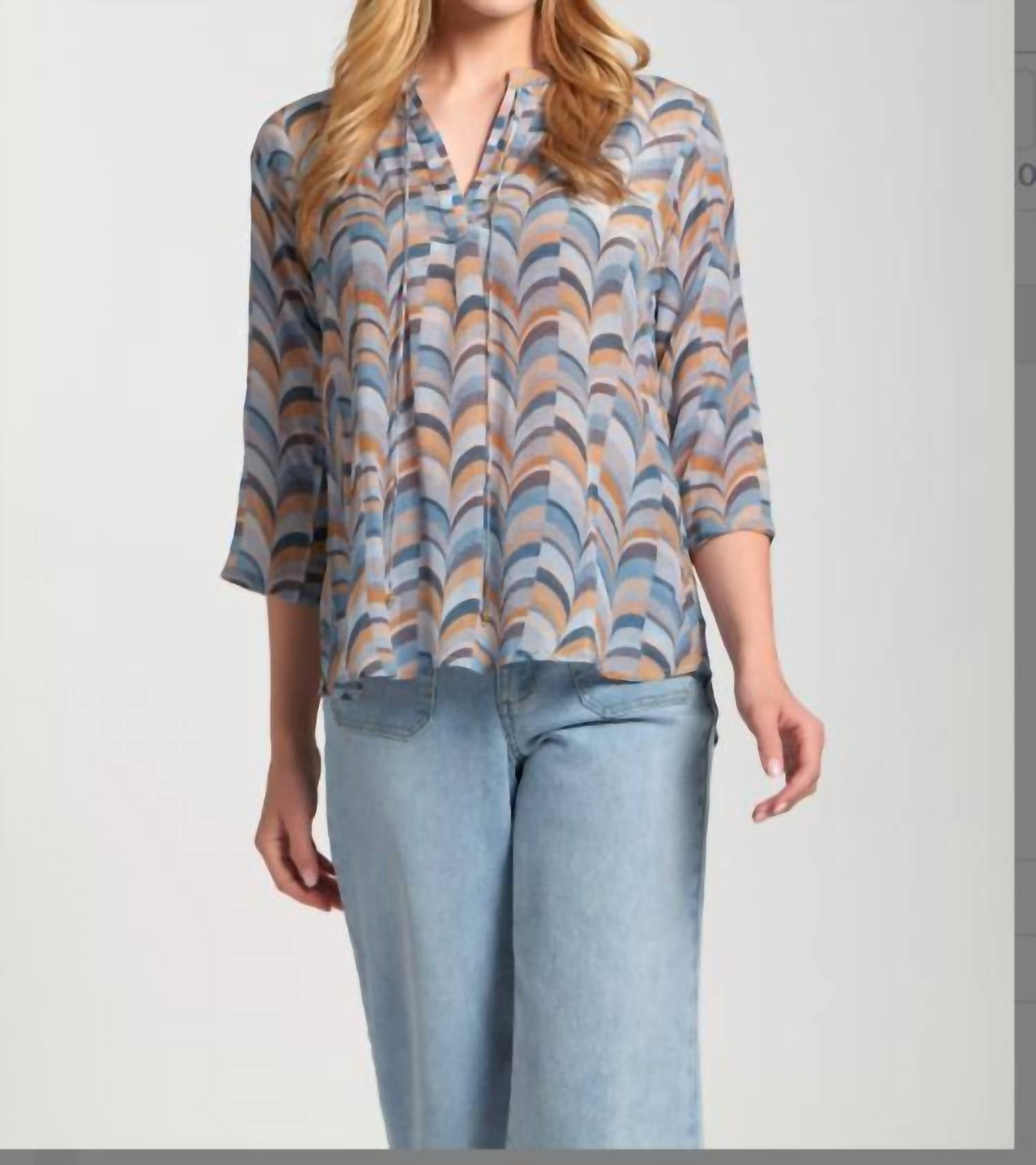 Apny - Print Tassel Split Neck Chiffon Top