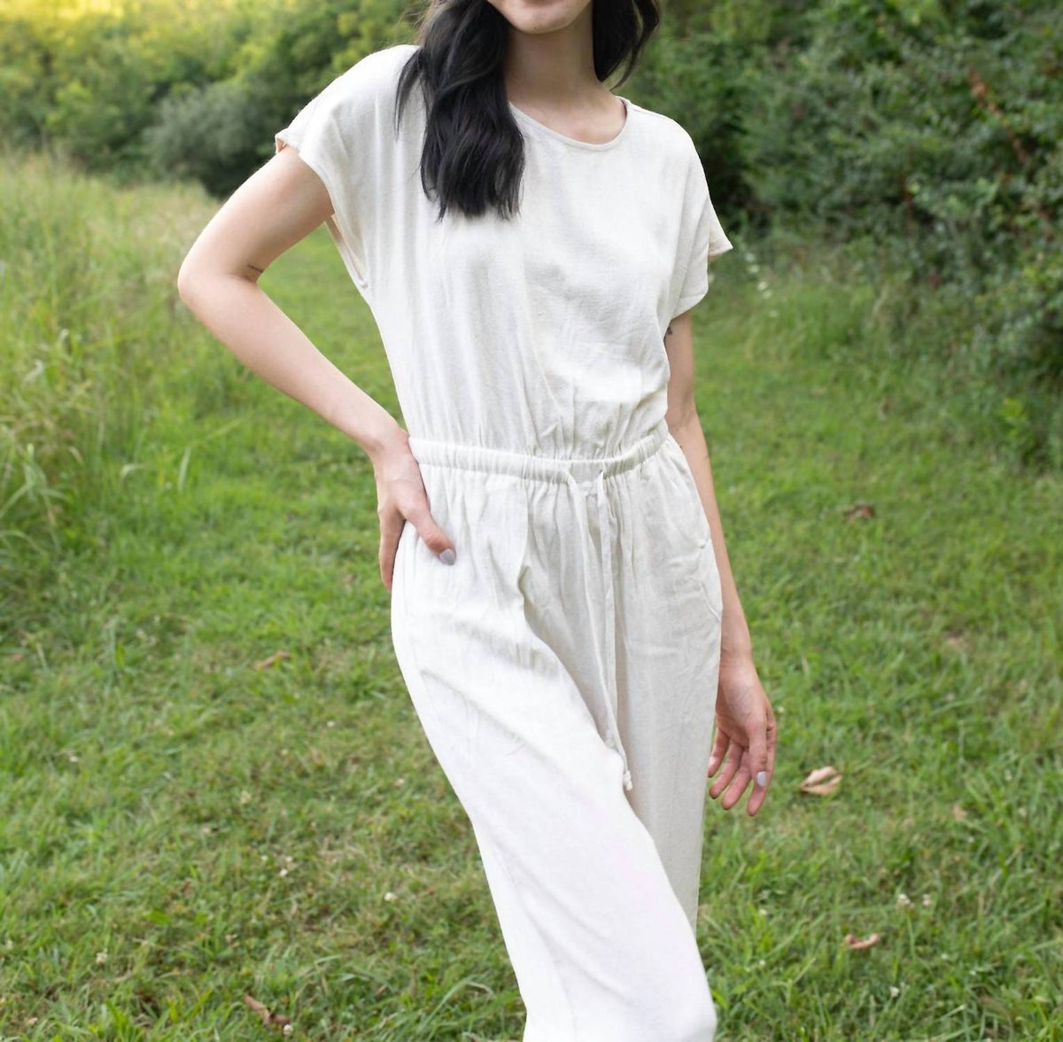 Elle Grey Short Sleeve Drawstring Waist Linen Jumpsuit in vanilla dreams - women's pants - detail view