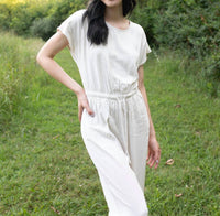 Elle Grey Short Sleeve Drawstring Waist Linen Jumpsuit in vanilla dreams - women's pants - detail view