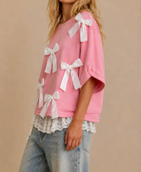 J.Nna - Rosy Bow-embellished Short-sleeve Top