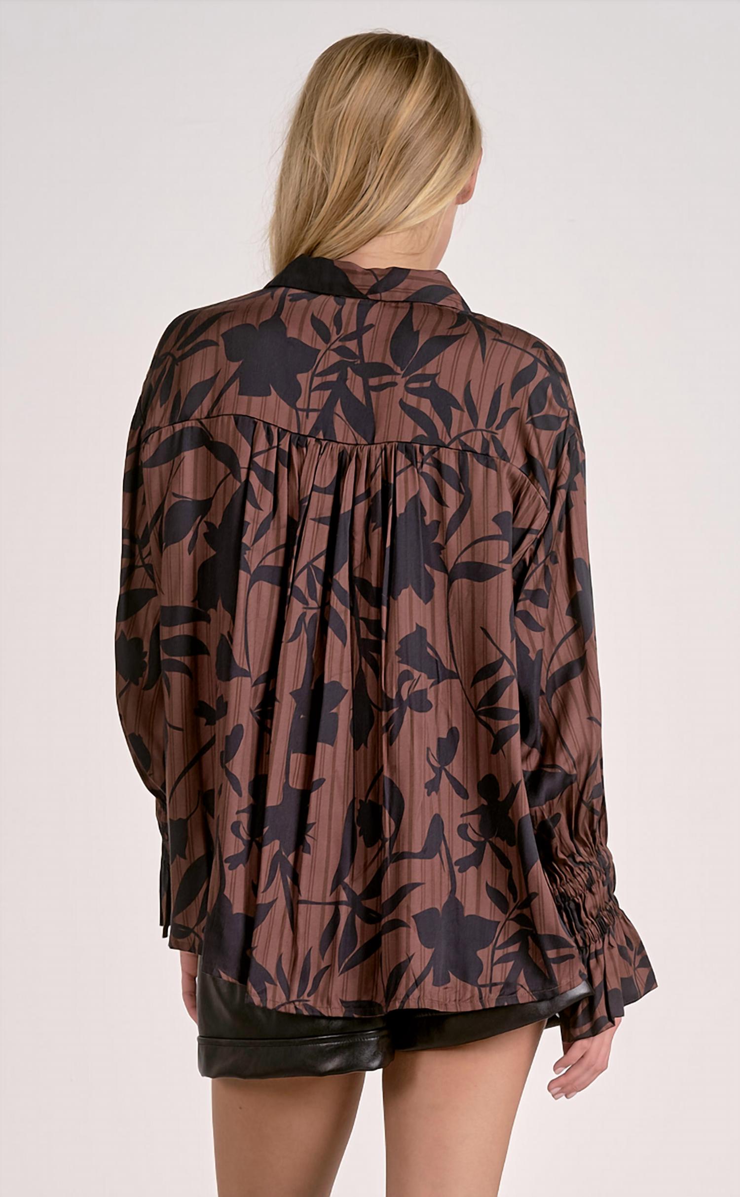 ELAN Gwen Fall Button Down Blouse in brown black - women's shirt - detail view