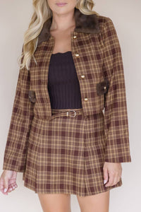 MOON RIVER Plaid Fur Trim Jacket in brown - women's jacket