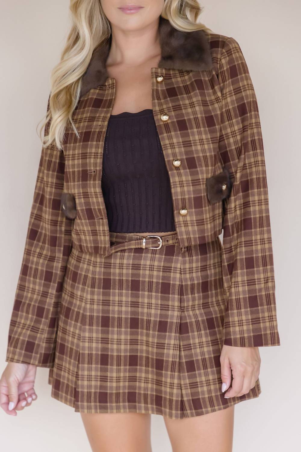 MOON RIVER Plaid Fur Trim Jacket in brown - women's jacket