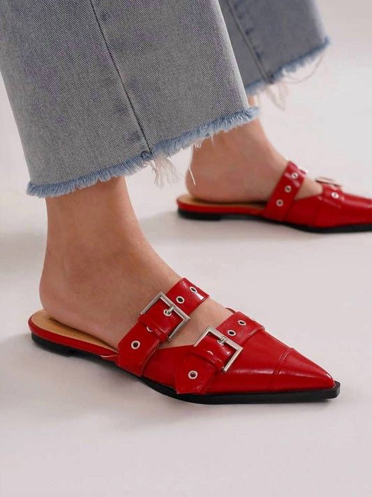 Let'S See Style - Women's Double Buckle Strap Pointed Toe Flat Mules