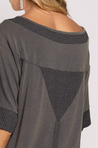 POL Crusin' Rib Trimmed Top in stone charcoal - women's dress - view 6