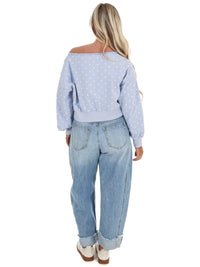 PAPERMOON Comfy Spot Polka Dot Off Shoulder Sweatshirt in light blue - women's sweater - detail view