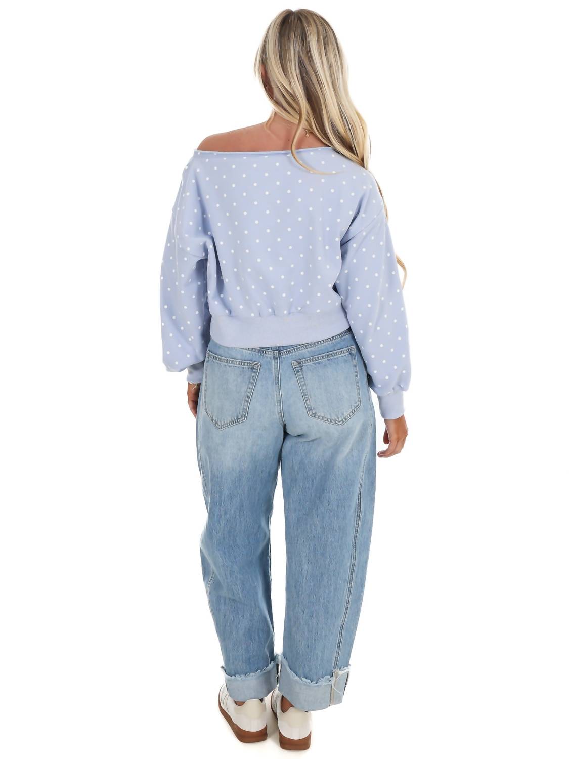 PAPERMOON Comfy Spot Polka Dot Off Shoulder Sweatshirt in light blue - women's sweater - detail view