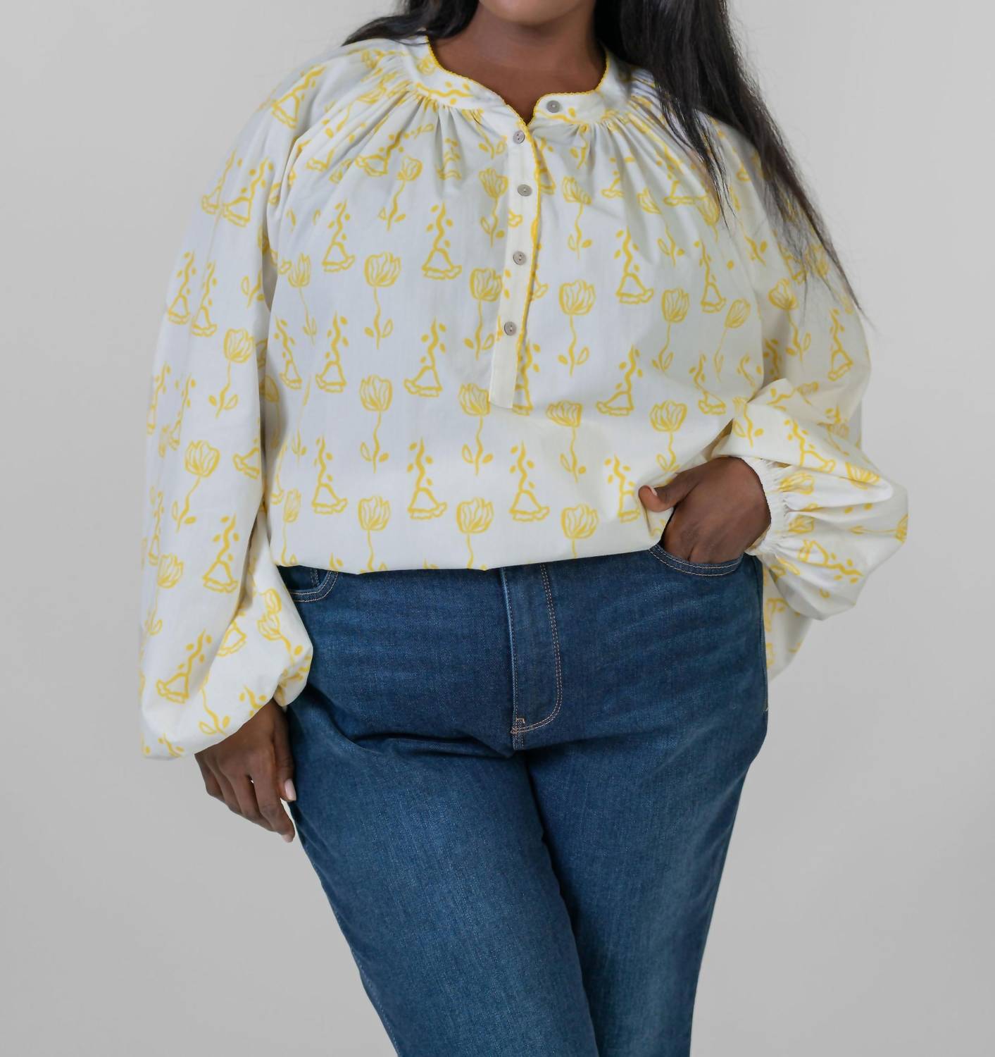 De Loreta - Kaia Trigo Amarillo Print Long Sleeve Blouse