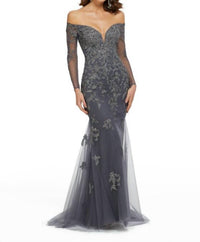 MGNY Metallic Lace Trumpet Dress in charcoal - women's dress