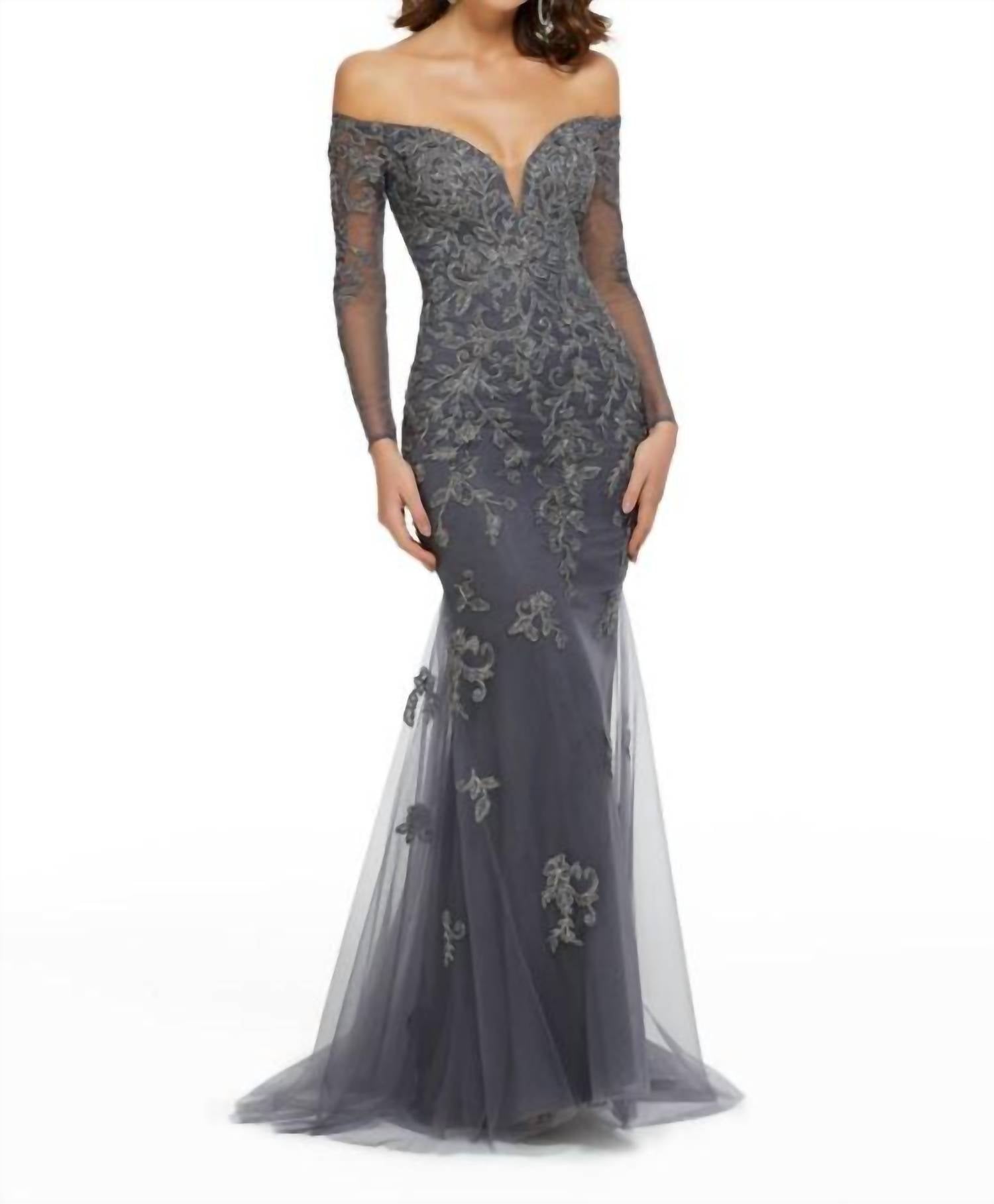 MGNY Metallic Lace Trumpet Dress in charcoal - women's dress