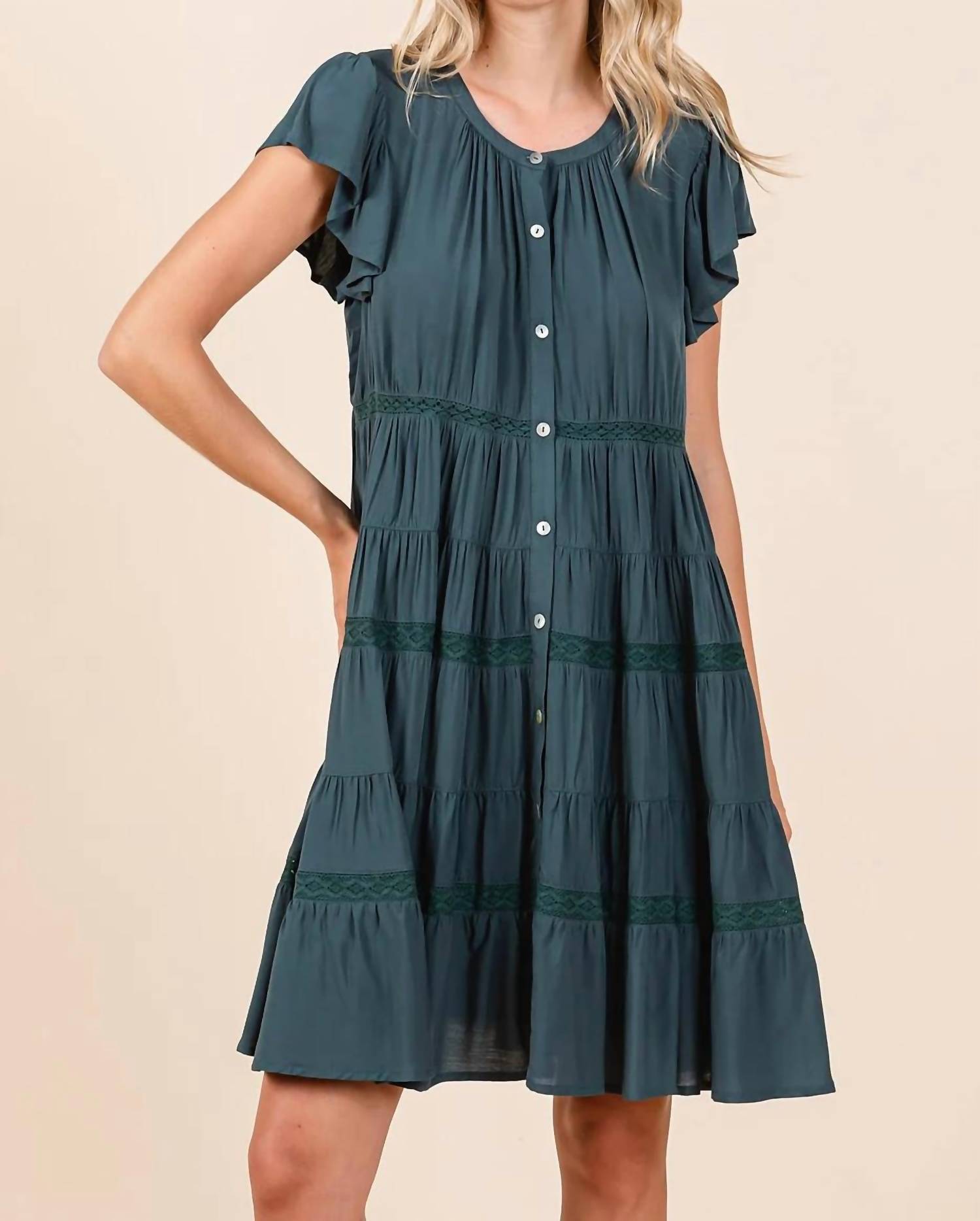 Mittoshop - Ruffle Sleeve Tiered Lace Detail Button Mini Dress