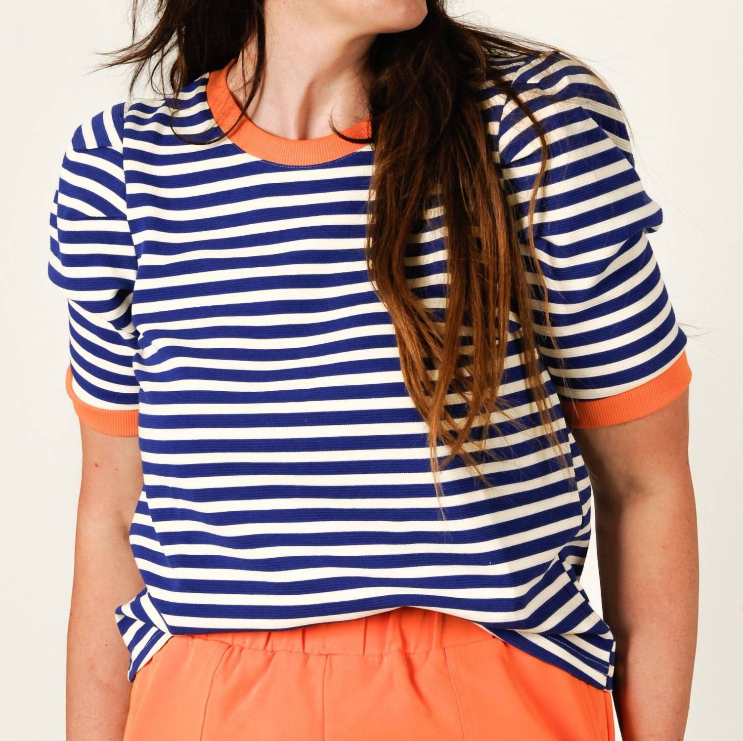 entro Breezy Stripe Tee in blue - women's t-shirt - detail view
