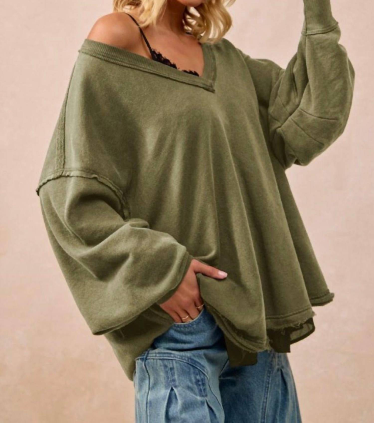 BiBi Desert Dreamer Oversized V-Neck Sweatshirt in dusty olive - women's sweater