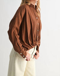 Fun 2 Fun Twist Hem Button Down Blouse in brown - women's blouse - view 4
