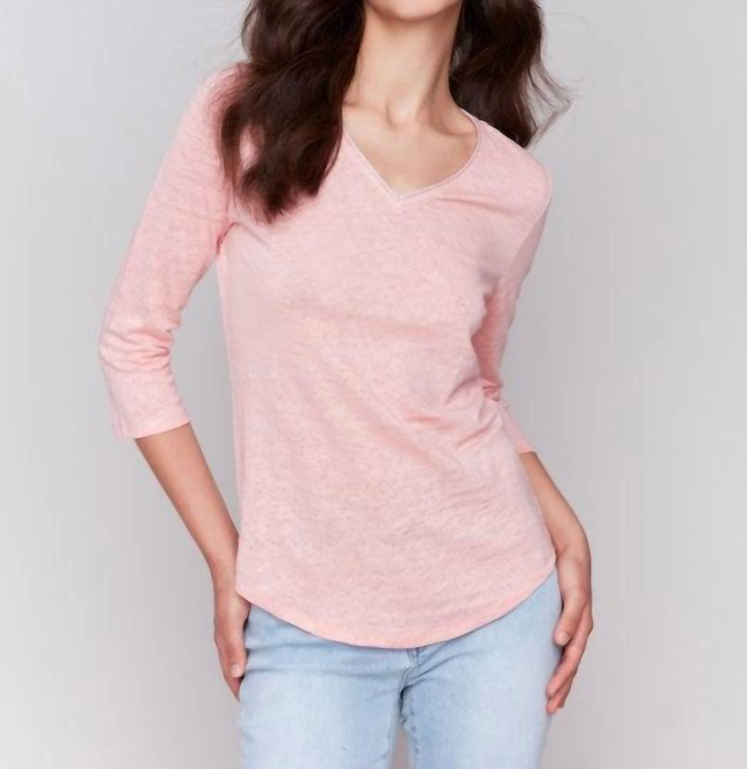 CHARLIE B 3/4 Sleeve V-neck Top in guava - women's blouse