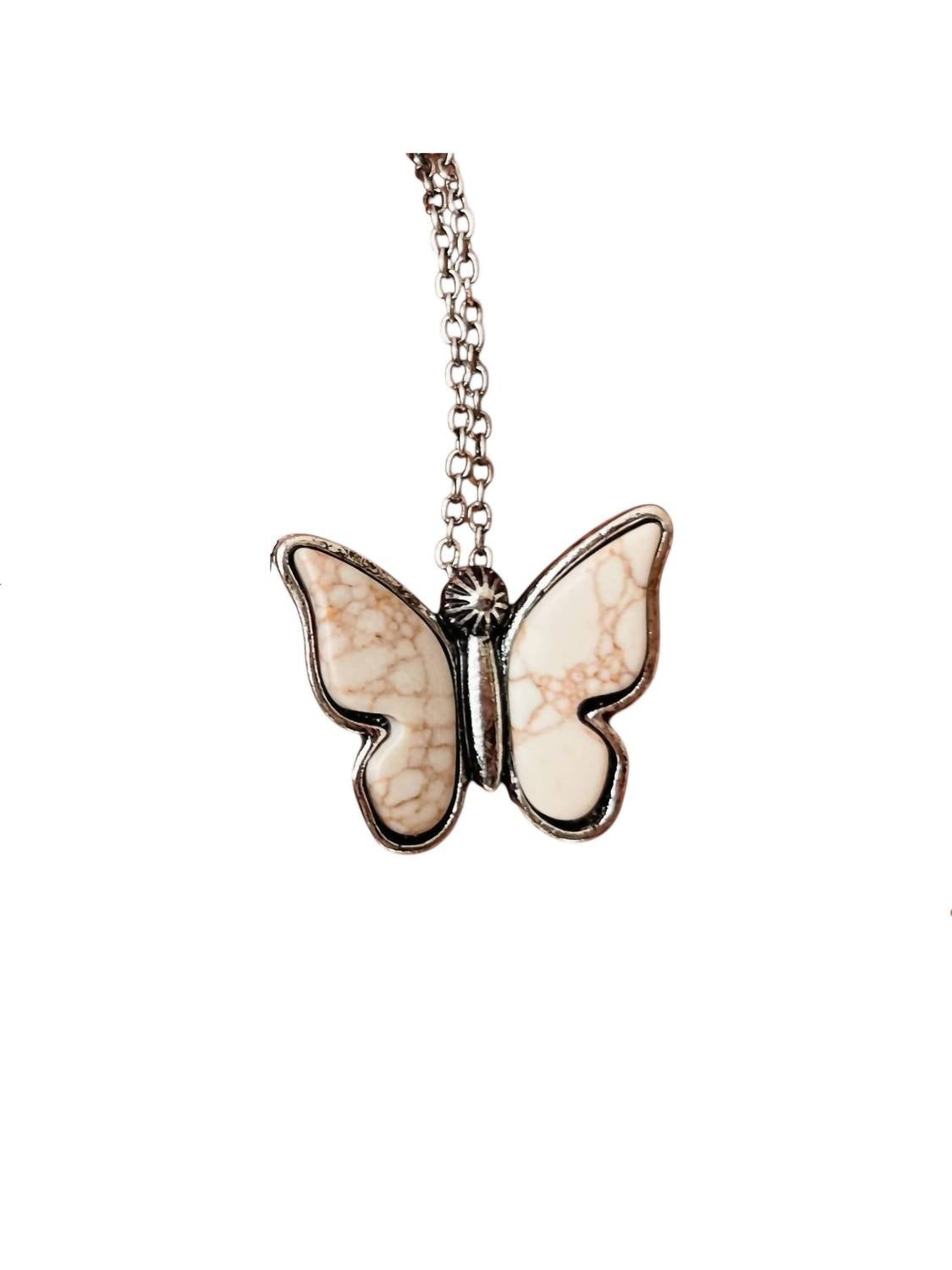Boho Ranch Butterfly Stone Pendant Choker Necklace in silver white - women's jewelry