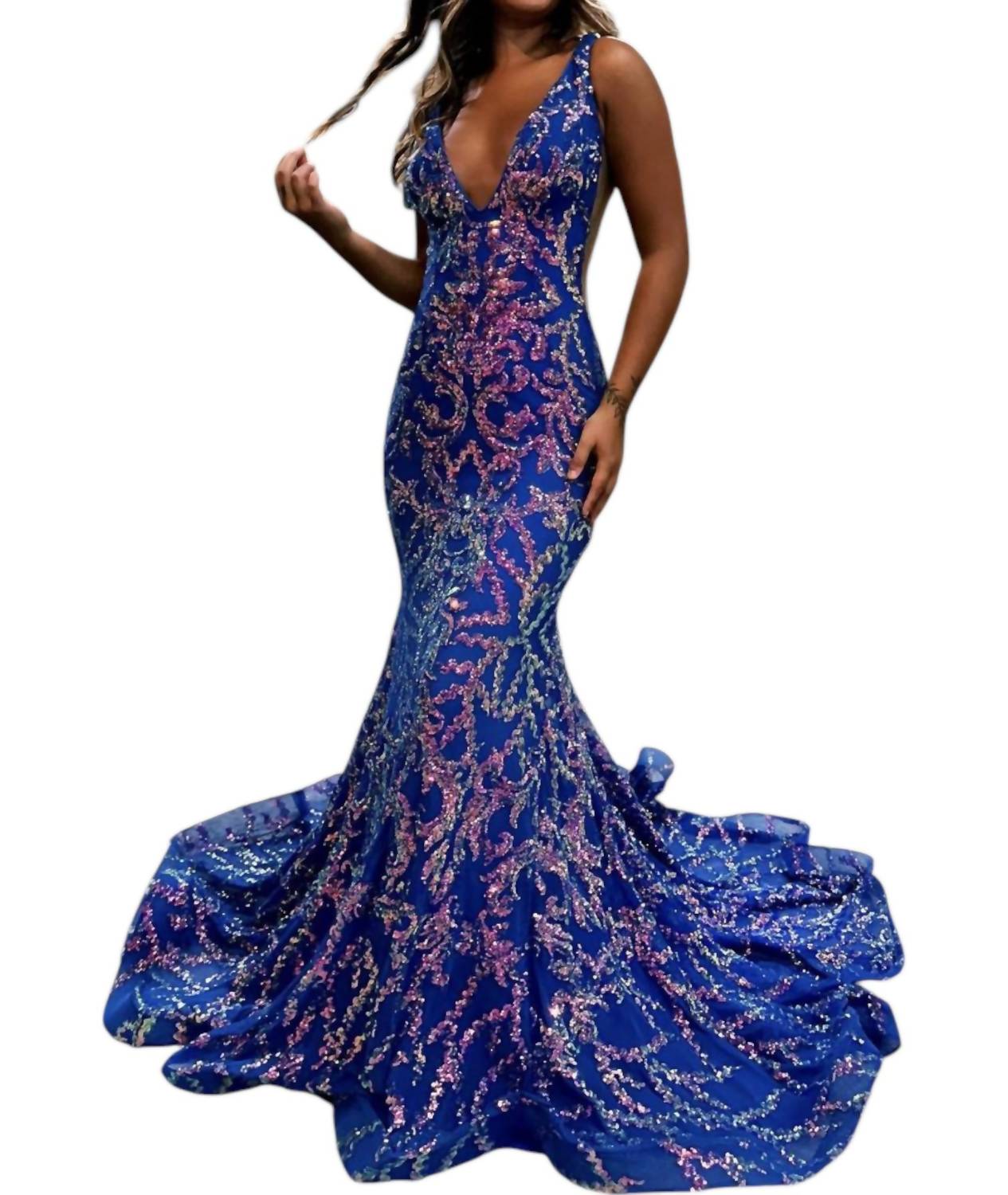 Jovani - V-neck Sequin Pattern Gown