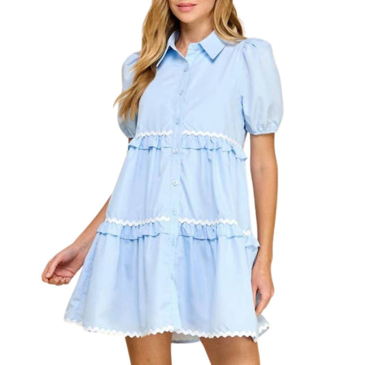 Tcec - Zigzag Detail Short Puff Sleeve Shirt Dress