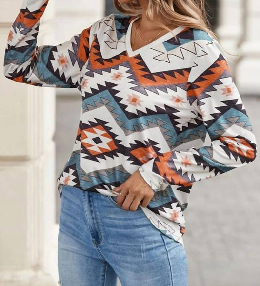 Little Daisy Closet - Multicolor Western Print V Neck Long Sleeve Top