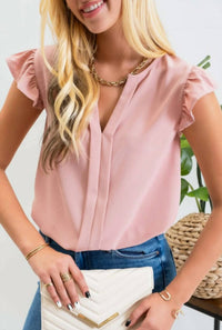 Mine - Split Neck Ruffle Sleeve Blouse