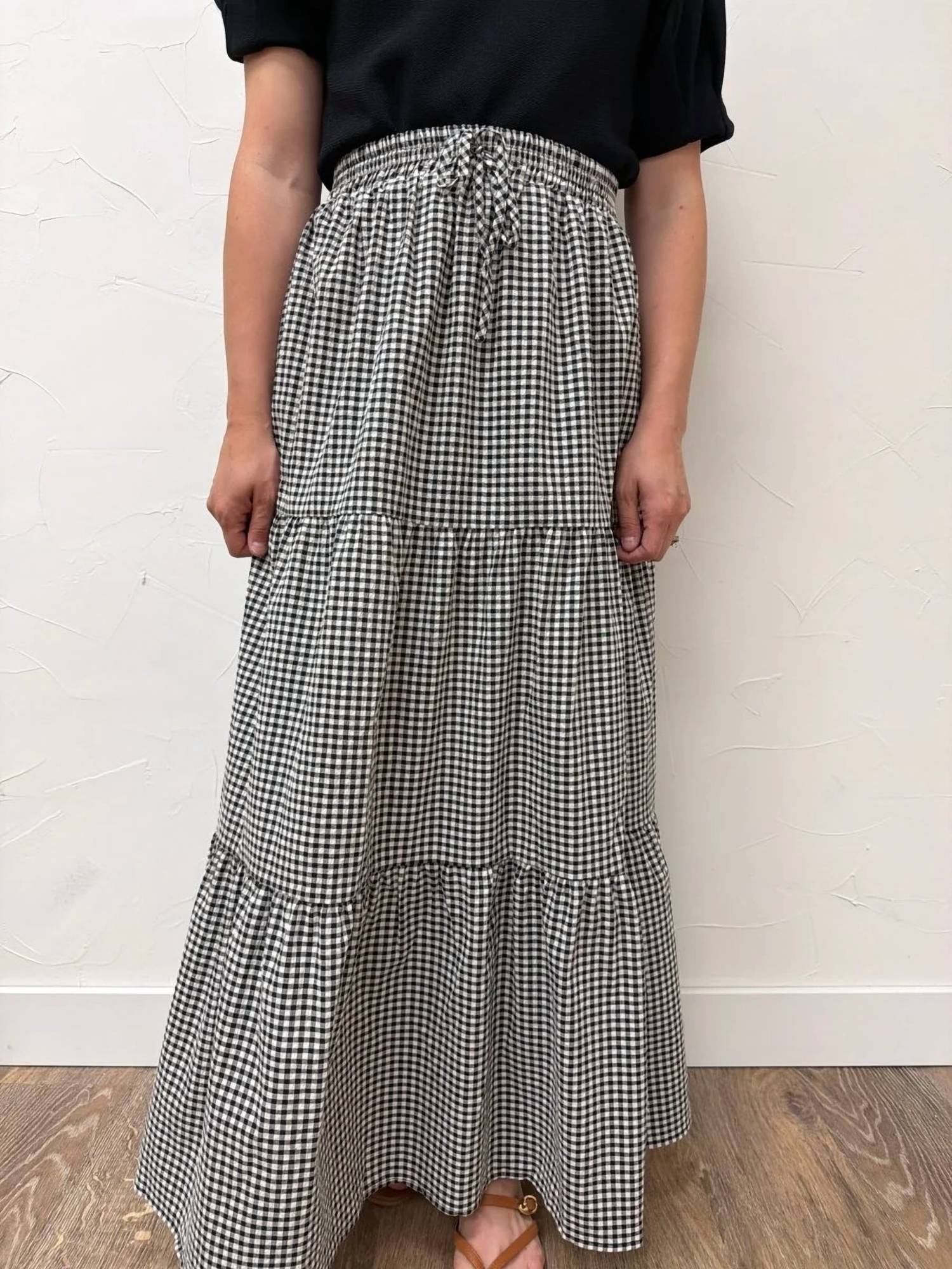 Vine & Love - Plaid Tiered Ruffled Drawstring Maxi Skirt