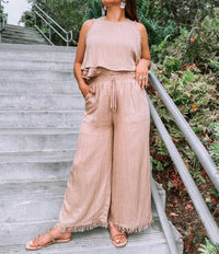 GILLI Linen Cropped Top and Frayed Wide Leg Pant Set in tan - women's pants