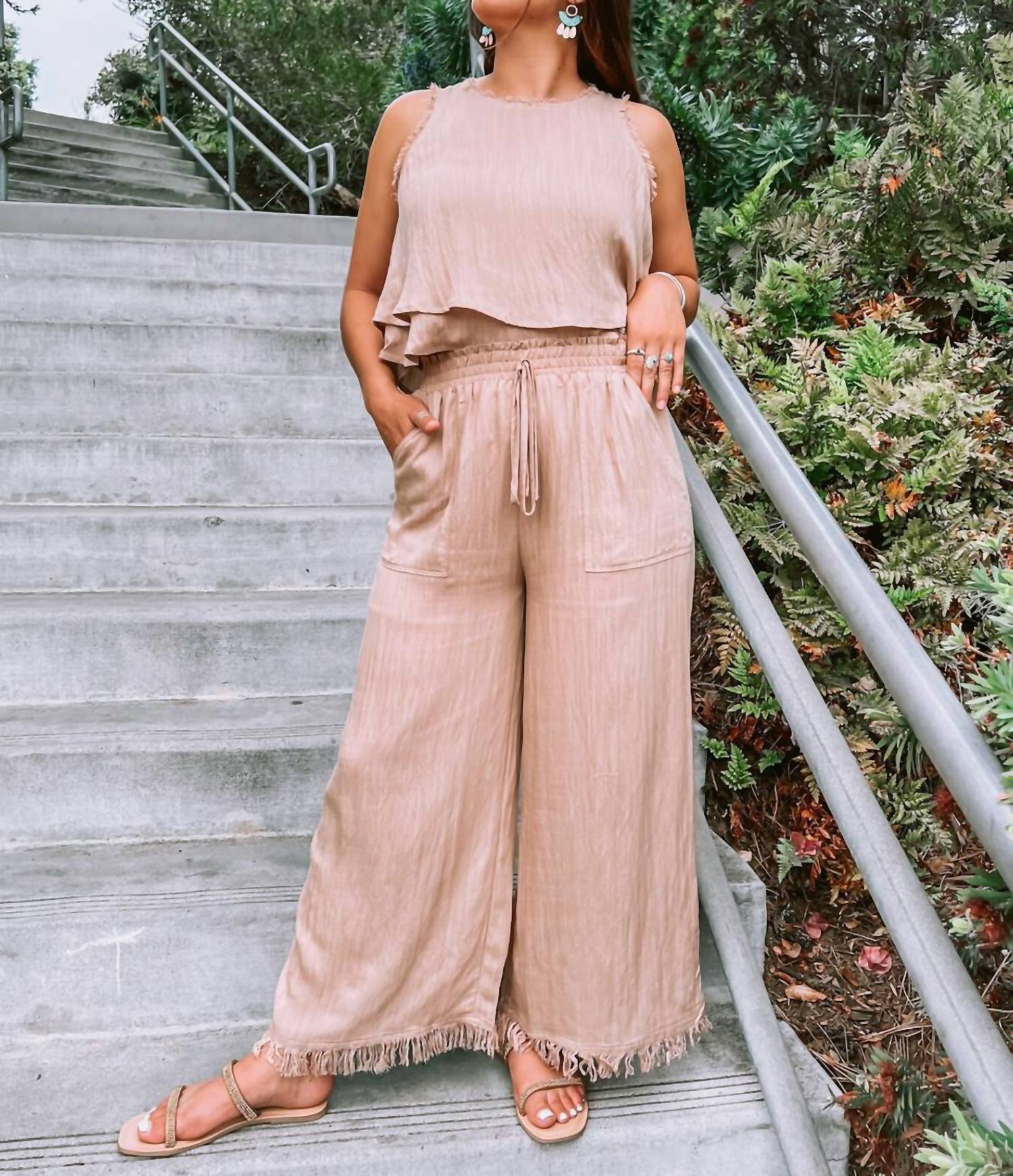 GILLI Linen Cropped Top and Frayed Wide Leg Pant Set in tan - women's pants