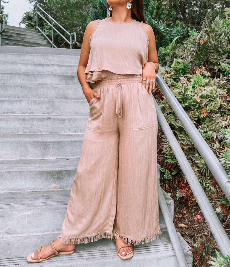 GILLI Linen Cropped Top and Frayed Wide Leg Pant Set in tan - women's pants