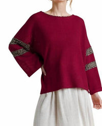 Umgee - Leopard Trim Waffle Knit Top
