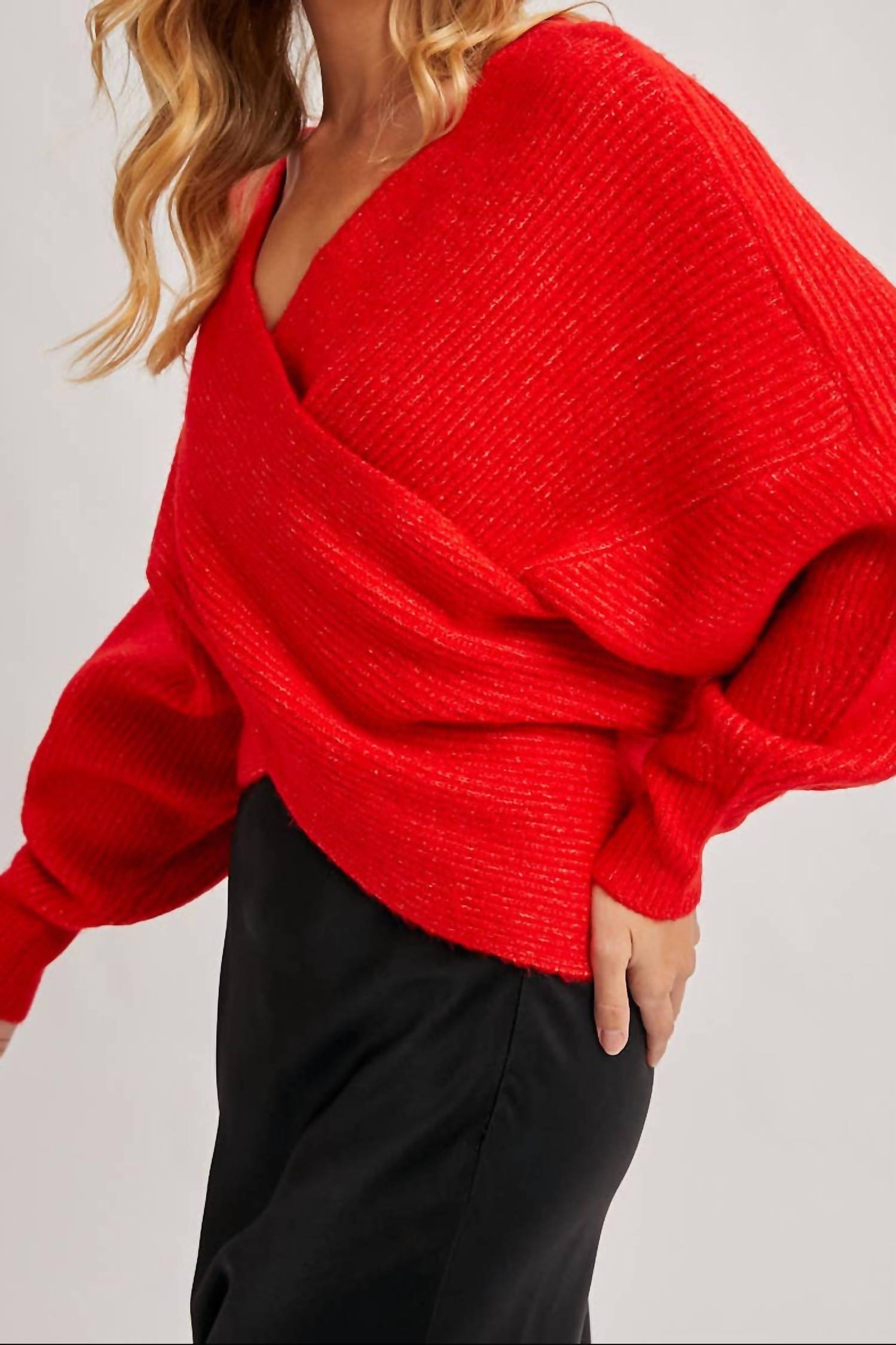 Bluivy - Wrap Crossover Ribbed Fuzzy Knit Sweater