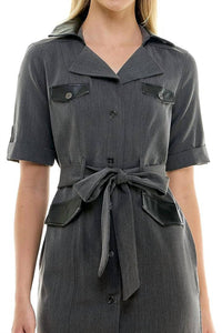 Sharagano - Notched Collar Short Roll Tab Sleeve Matte Jersey Dress