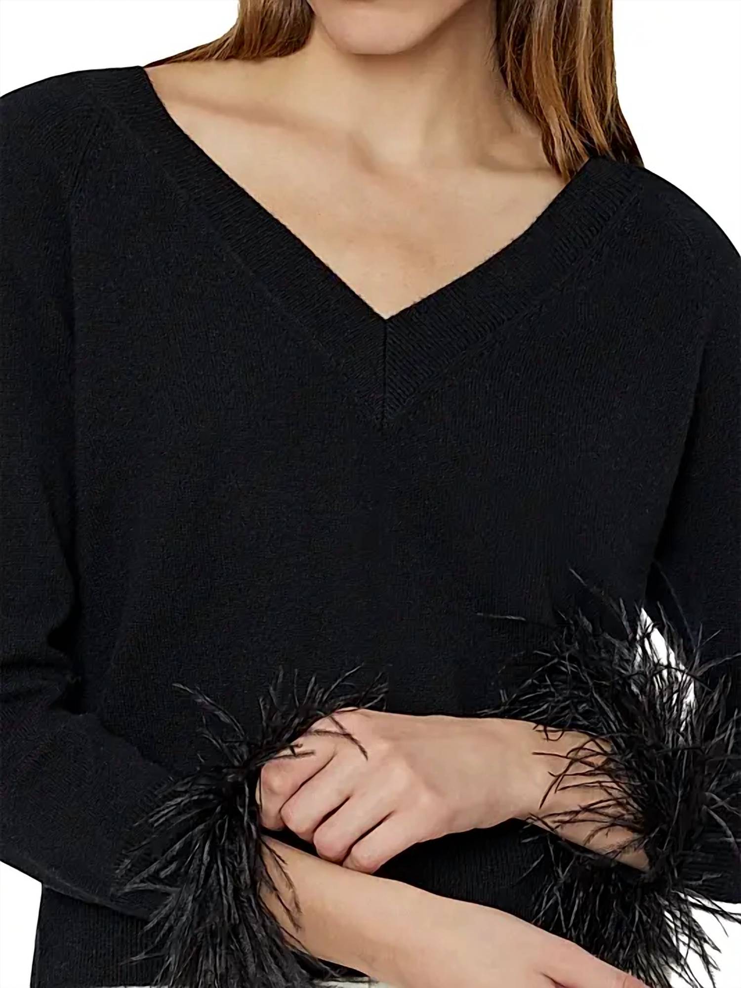 Milly - Feather Cuff V-Neck Sweater