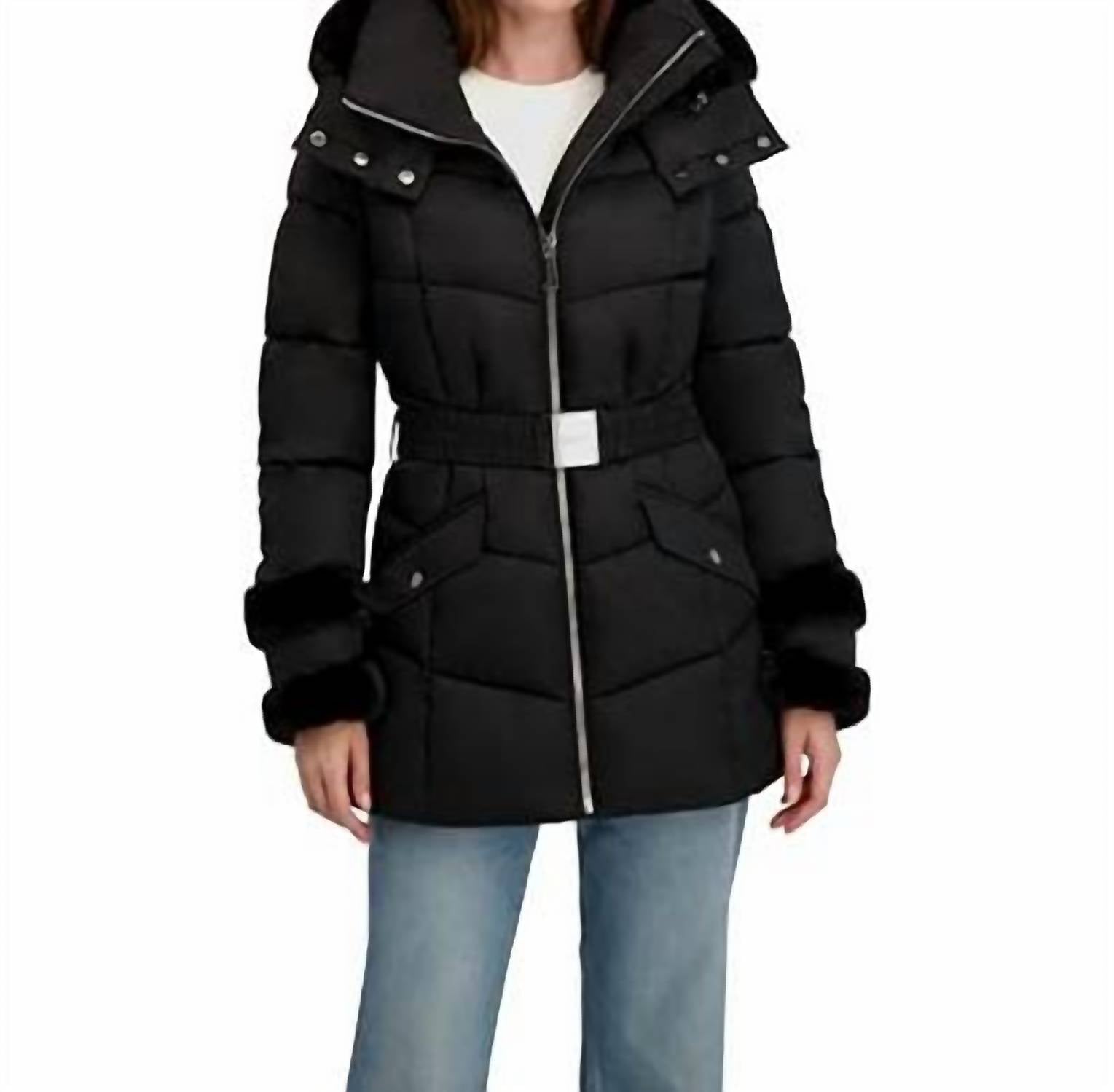 Laundry By Shelli Segal - Stretch Quilted Puffer Coat With Faux Fur Trim Puffers