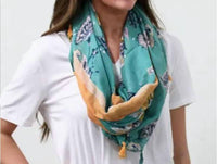 FUNKY MONKEY Women's Cottage Floral Lightweight Tassel Scarf in turquoise yellow - women's scarf - detail view