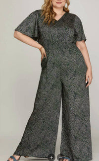 She + Sky - Flounce Sleeves Wide Leg Jumpsuit - Plus