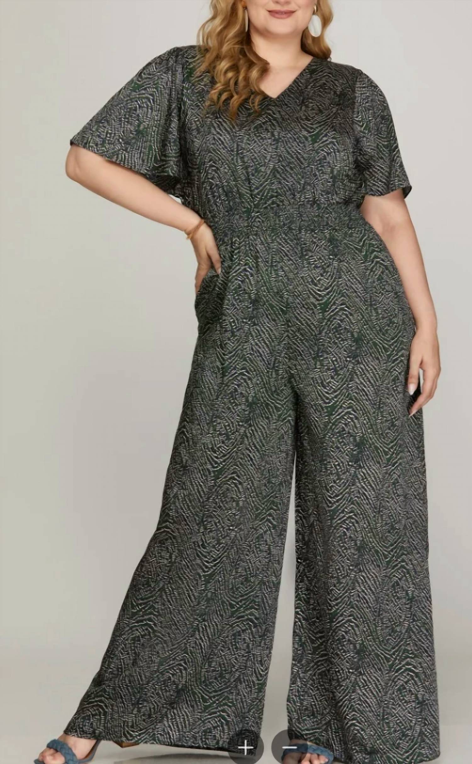 She + Sky - Flounce Sleeves Wide Leg Jumpsuit - Plus
