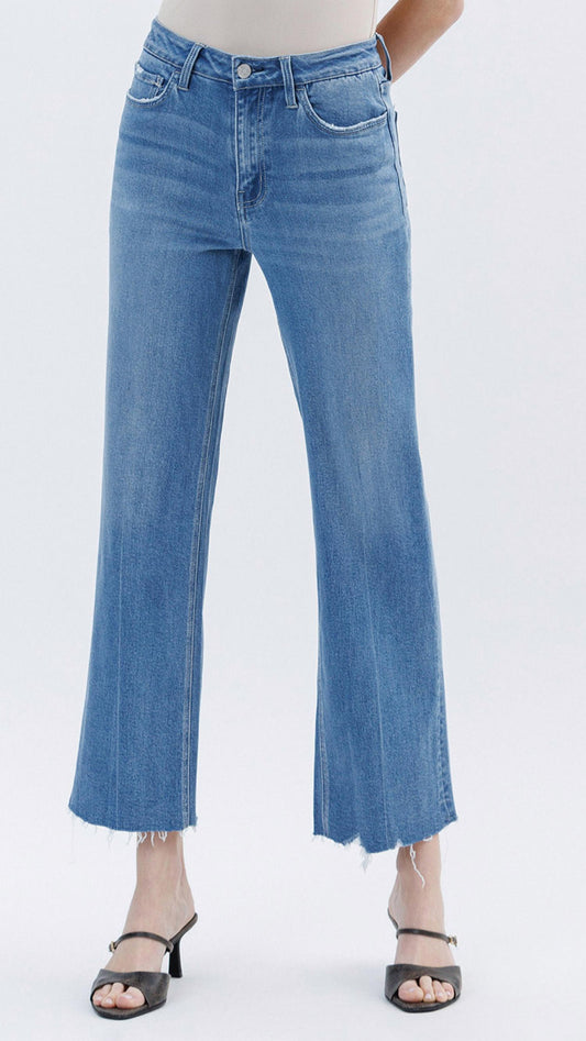 Lovervet - High Rise Raw Hem Slim Wide Jeans